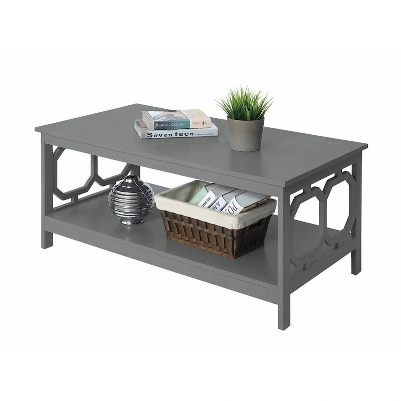 Table basse à 2 plateaux avec côtés ajourés géométriques et étagère inférieure