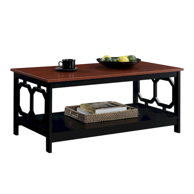 Table basse à 2 plateaux avec côtés ajourés géométriques et étagère inférieure