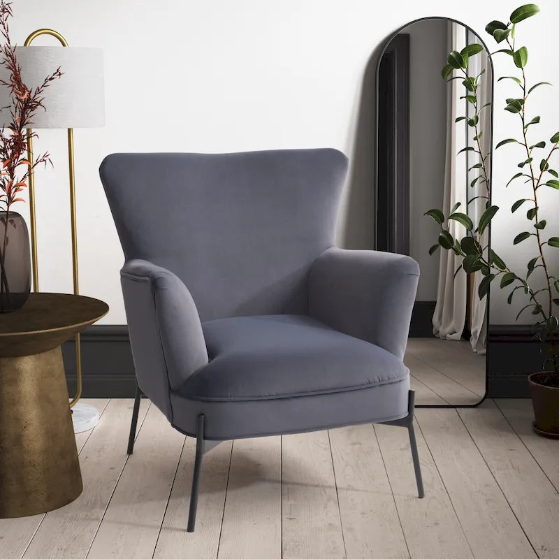 Fauteuil d'appoint moderne en velours à dossier haut et accoudoirs évasés (Bleu/Gris)