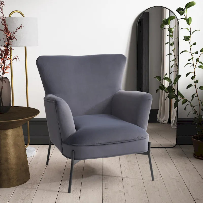 Fauteuil d'appoint moderne en velours à dossier haut et accoudoirs évasés (Bleu/Gris)