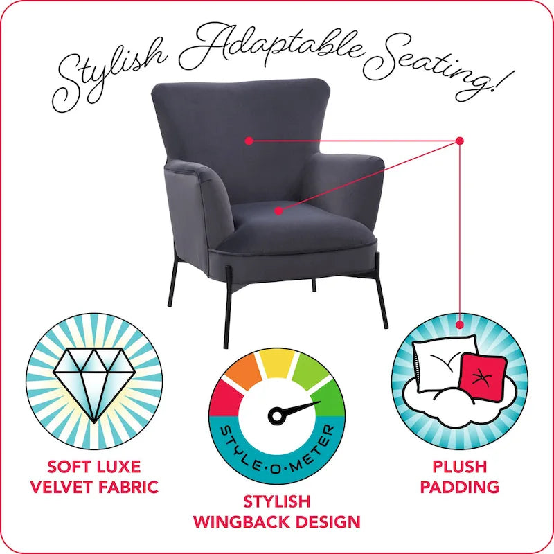 Fauteuil d'appoint moderne en velours à dossier haut et accoudoirs évasés (Bleu/Gris)