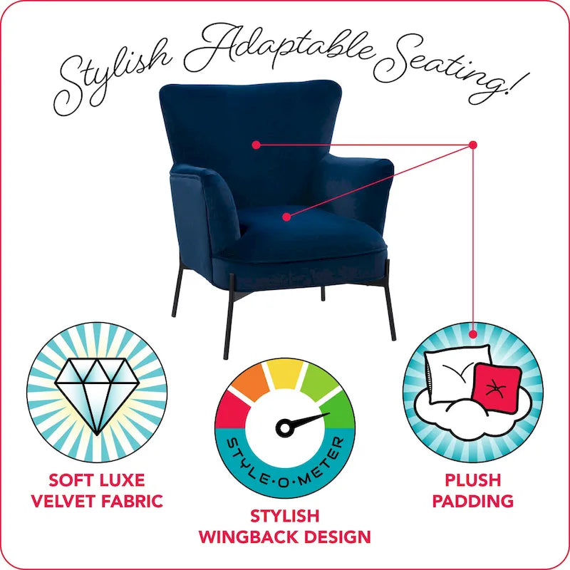 Fauteuil d'appoint moderne en velours à dossier haut et accoudoirs évasés (Bleu/Gris)