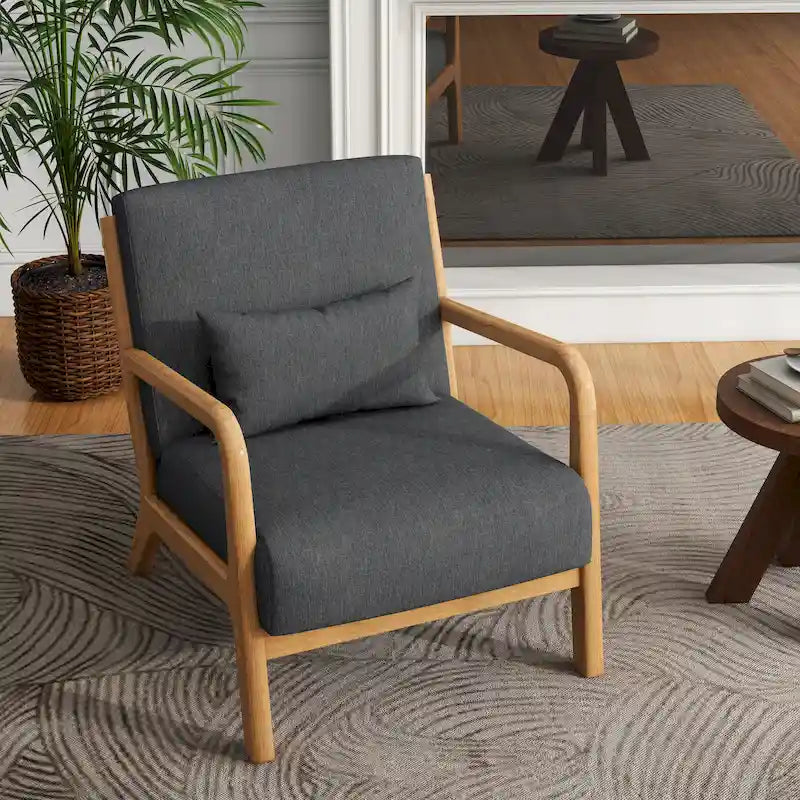 Fauteuil d'appoint Mid-Century avec cadre en bois massif et coussin lombaire