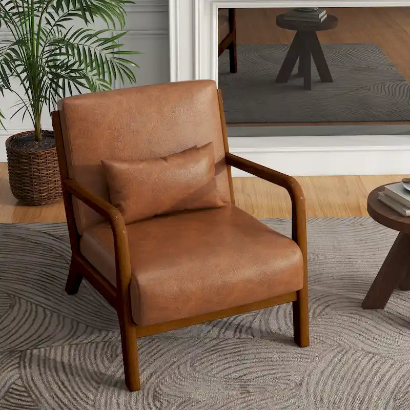 Fauteuil d'appoint Mid-Century avec cadre en bois massif et coussin lombaire
