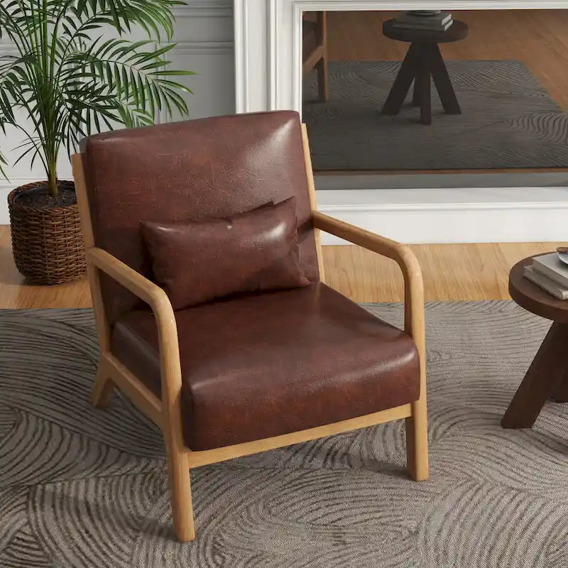 Fauteuil d'appoint Mid-Century avec cadre en bois massif et coussin lombaire