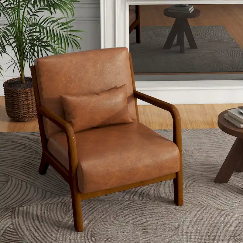Fauteuil d'appoint Mid-Century avec cadre en bois massif et coussin lombaire