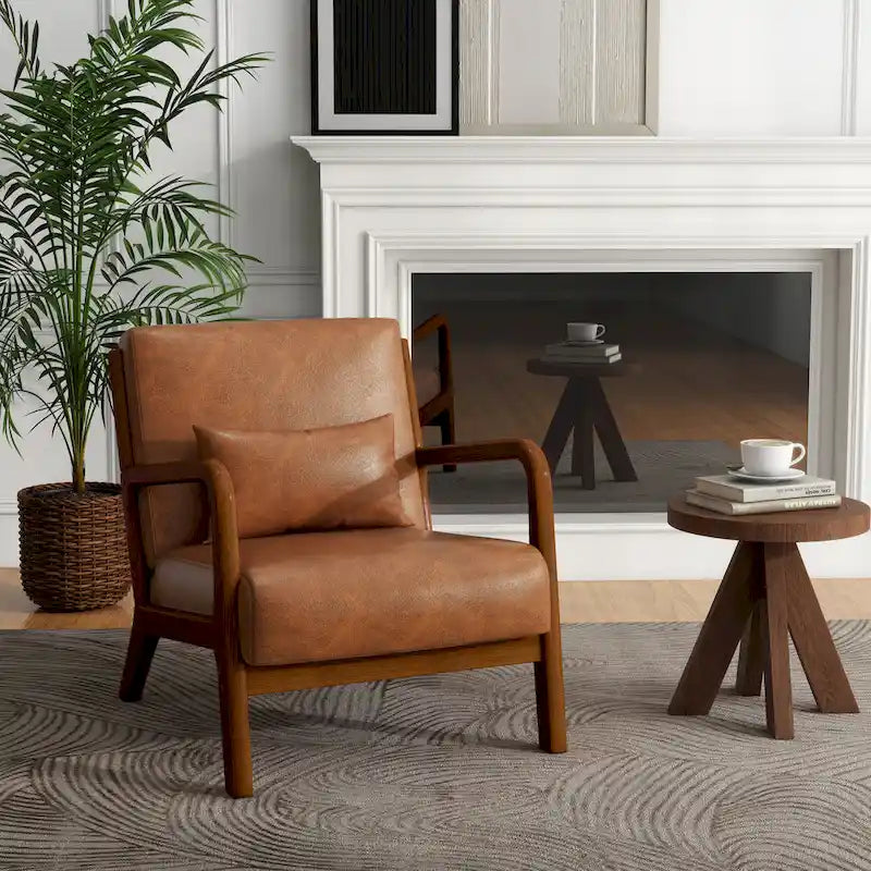 Fauteuil d'appoint Mid-Century avec cadre en bois massif et coussin lombaire