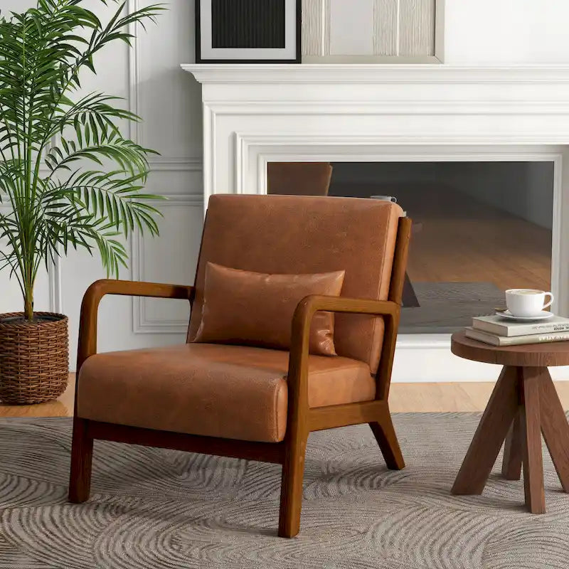 Fauteuil d'appoint Mid-Century avec cadre en bois massif et coussin lombaire