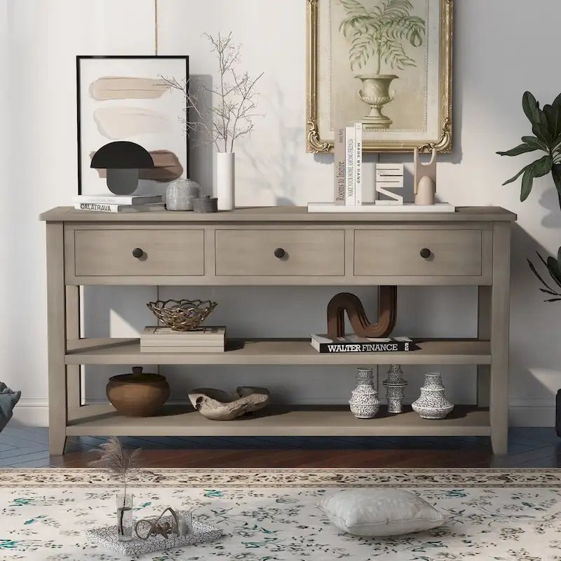 Console scandinave avec 3 tiroirs et 2 étagères ouvertes, Structure en pin massif