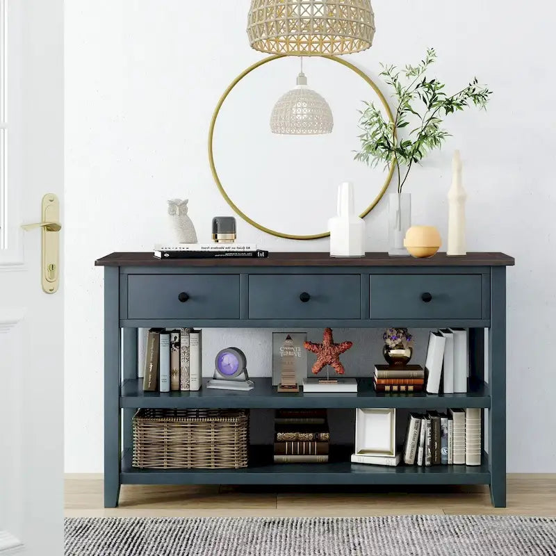 Console scandinave avec 3 tiroirs et 2 étagères ouvertes, Structure en pin massif