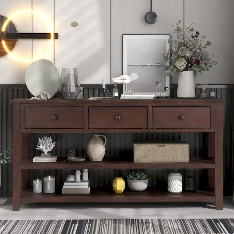 Console scandinave avec 3 tiroirs et 2 étagères ouvertes, Structure en pin massif