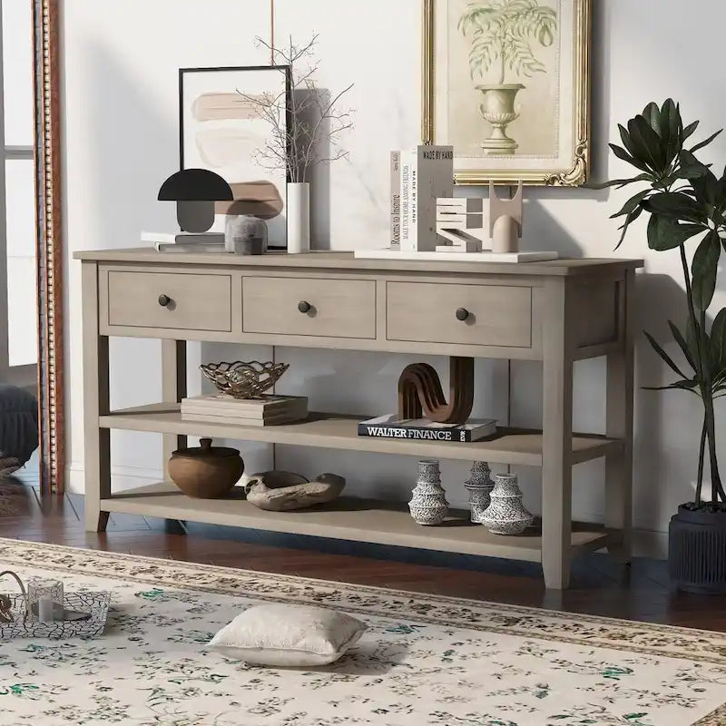 Console scandinave avec 3 tiroirs et 2 étagères ouvertes, Structure en pin massif