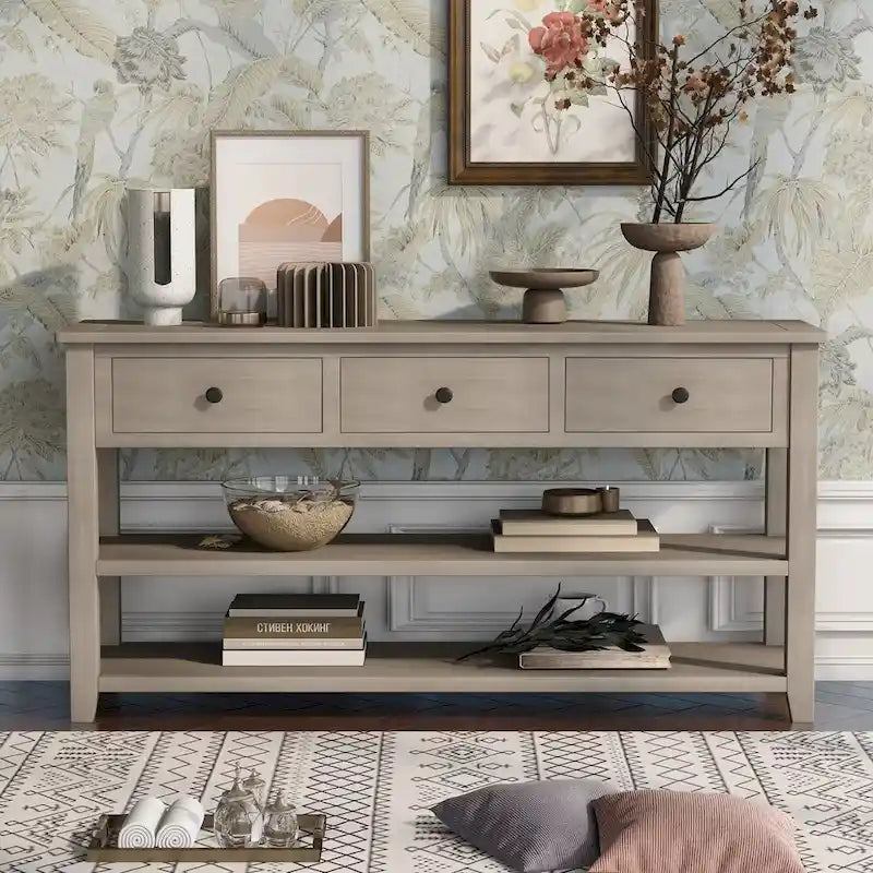 Console scandinave avec 3 tiroirs et 2 étagères ouvertes, Structure en pin massif