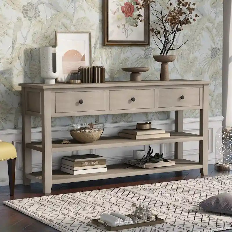 Console scandinave avec 3 tiroirs et 2 étagères ouvertes, Structure en pin massif