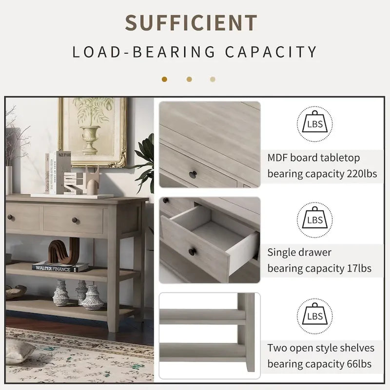 Console scandinave avec 3 tiroirs et 2 étagères ouvertes, Structure en pin massif