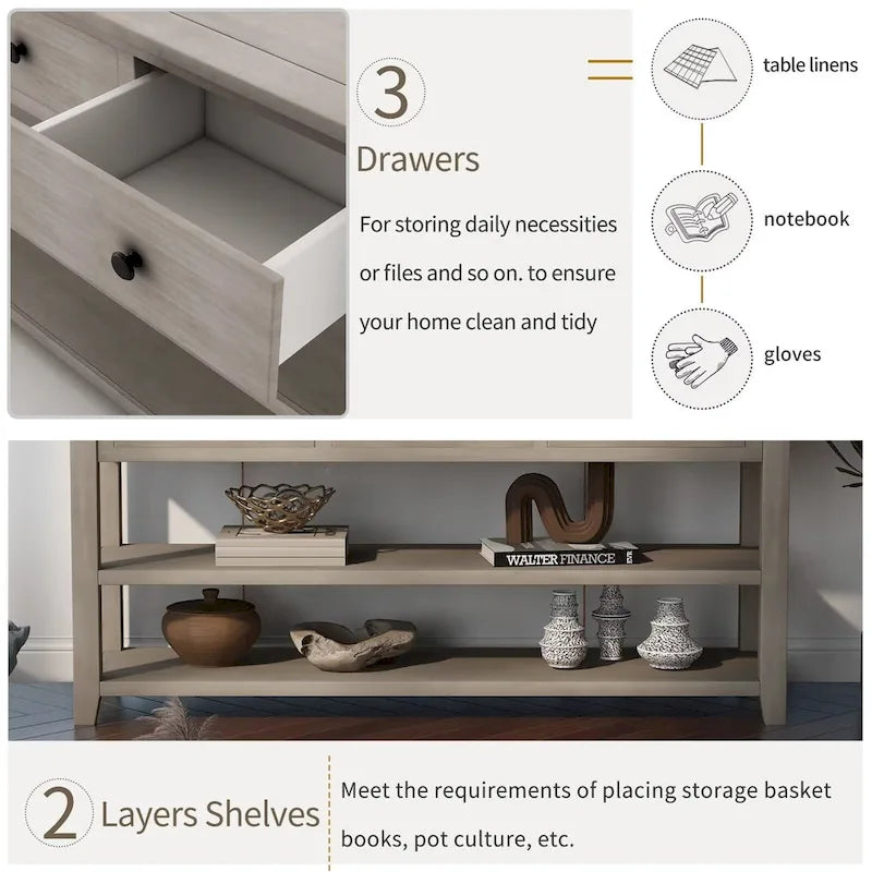 Console scandinave avec 3 tiroirs et 2 étagères ouvertes, Structure en pin massif