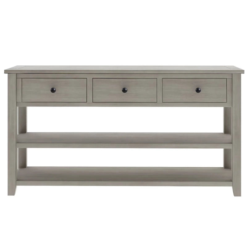 Console scandinave avec 3 tiroirs et 2 étagères ouvertes, Structure en pin massif