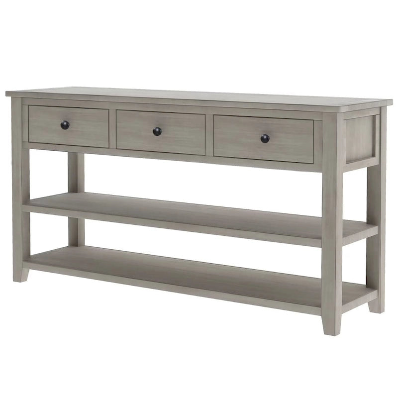 Console scandinave avec 3 tiroirs et 2 étagères ouvertes, Structure en pin massif