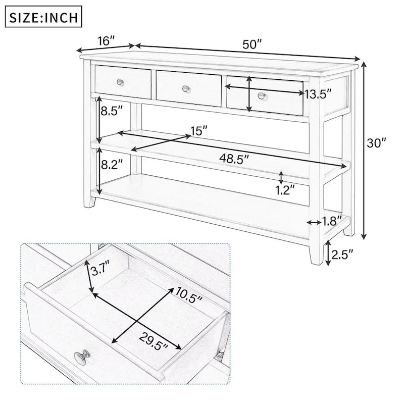 Console scandinave avec 3 tiroirs et 2 étagères ouvertes, Structure en pin massif