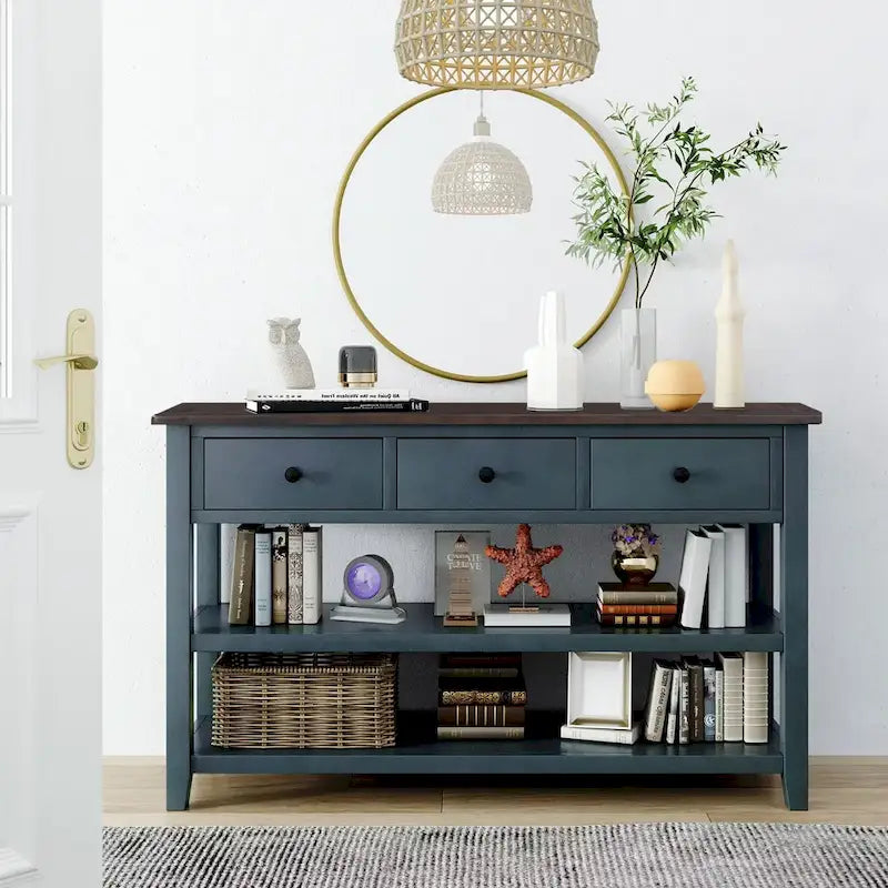 Console scandinave avec 3 tiroirs et 2 étagères ouvertes, Structure en pin massif