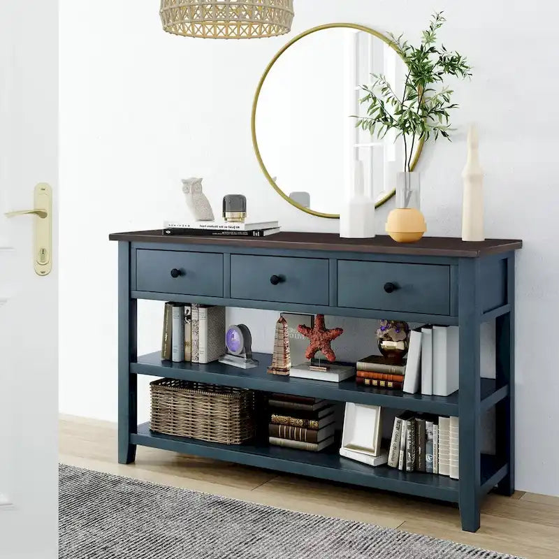 Console scandinave avec 3 tiroirs et 2 étagères ouvertes, Structure en pin massif