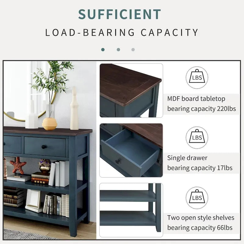 Console scandinave avec 3 tiroirs et 2 étagères ouvertes, Structure en pin massif