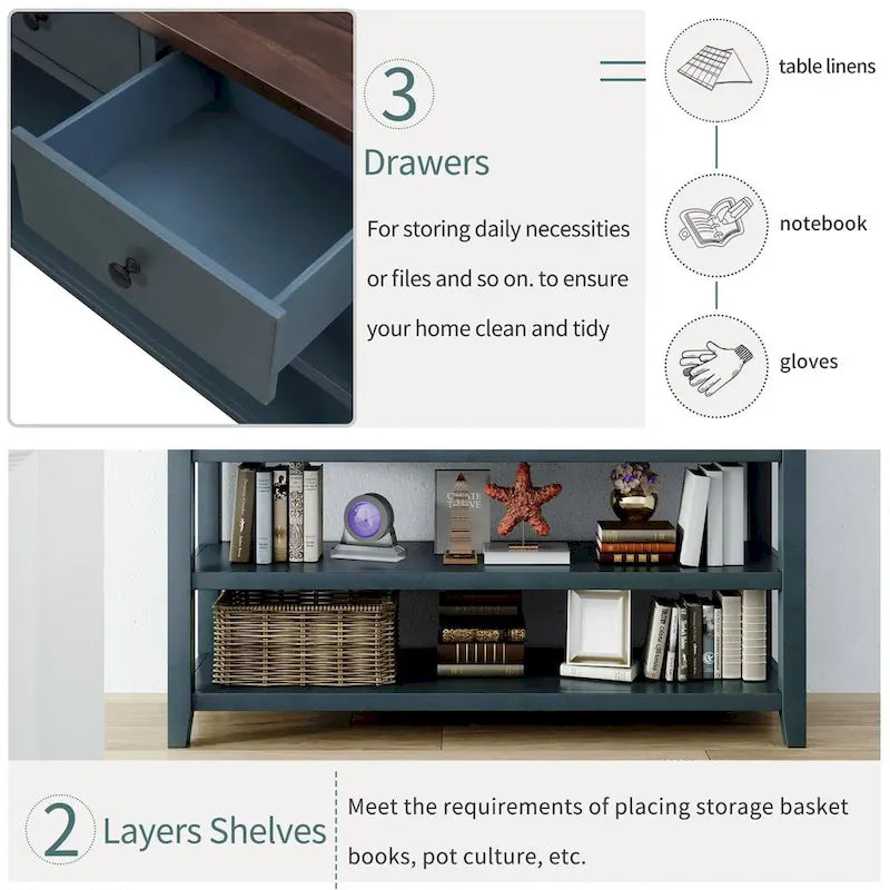 Console scandinave avec 3 tiroirs et 2 étagères ouvertes, Structure en pin massif