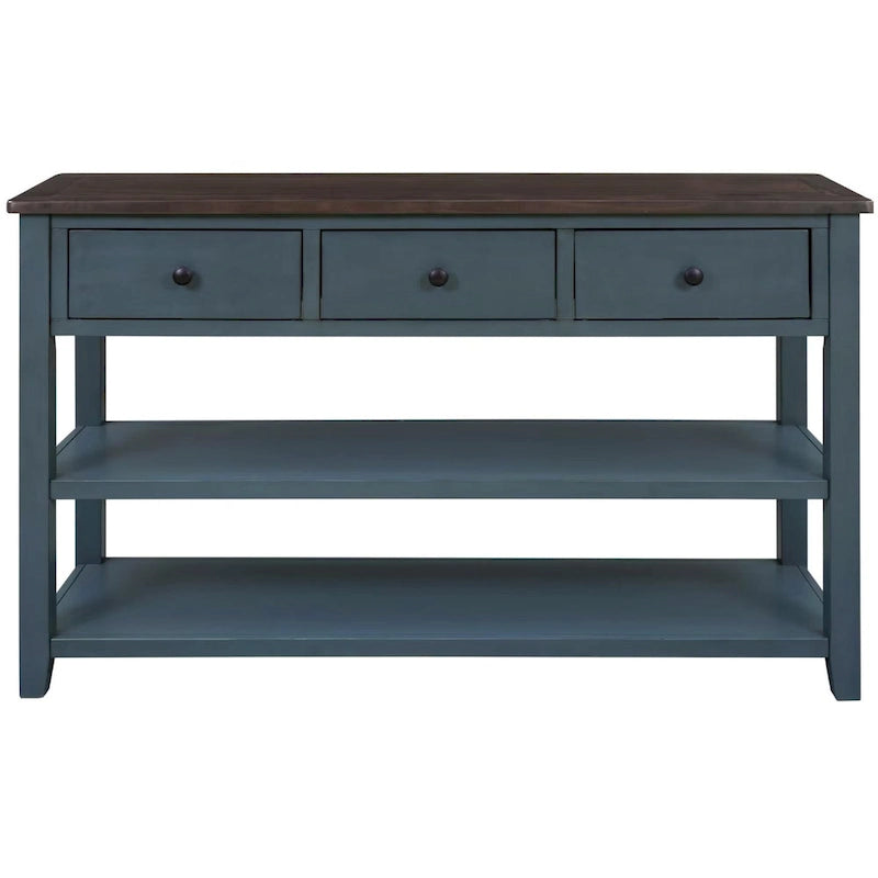 Console scandinave avec 3 tiroirs et 2 étagères ouvertes, Structure en pin massif
