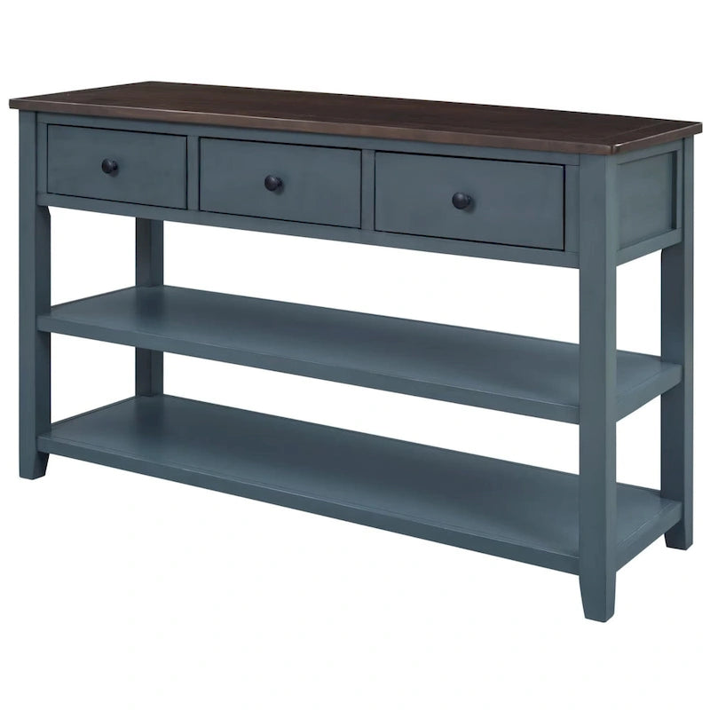 Console scandinave avec 3 tiroirs et 2 étagères ouvertes, Structure en pin massif