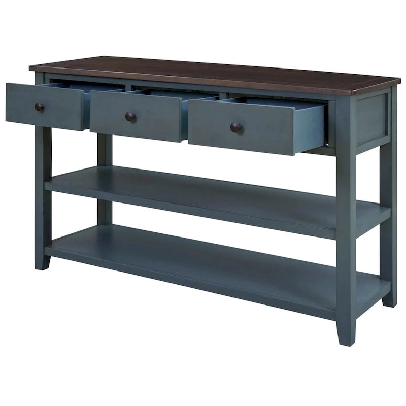 Console scandinave avec 3 tiroirs et 2 étagères ouvertes, Structure en pin massif