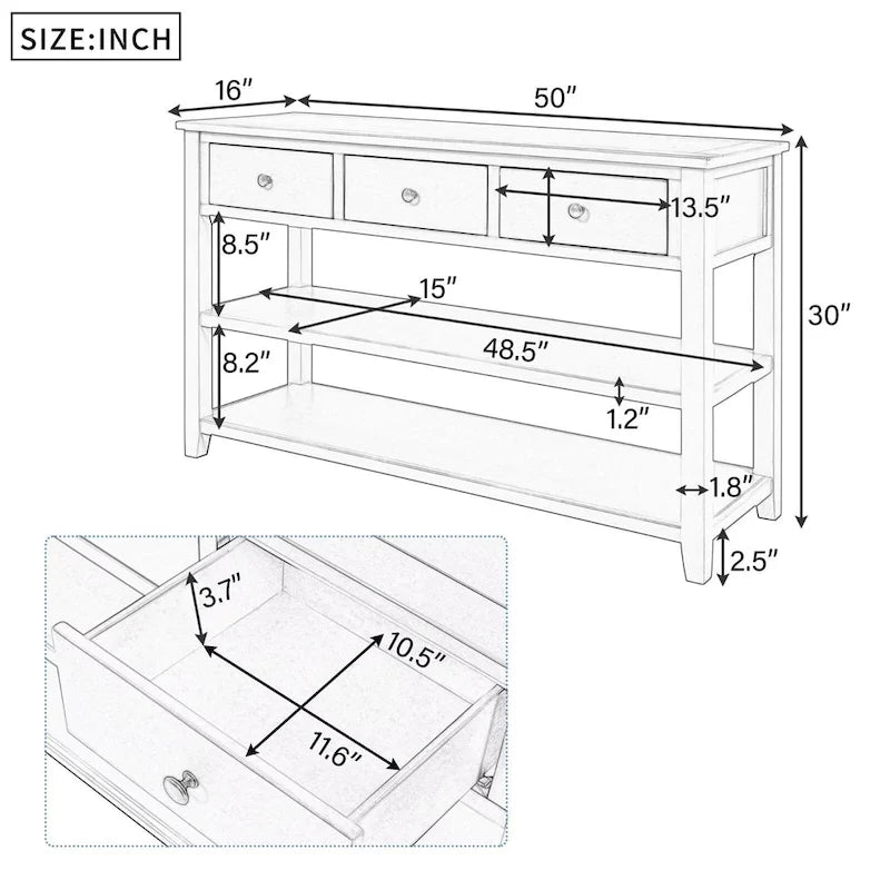 Console scandinave avec 3 tiroirs et 2 étagères ouvertes, Structure en pin massif