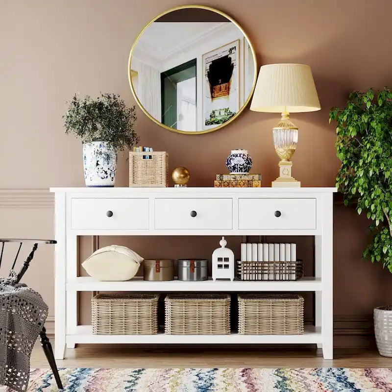 Console scandinave avec 3 tiroirs et 2 étagères ouvertes, Structure en pin massif