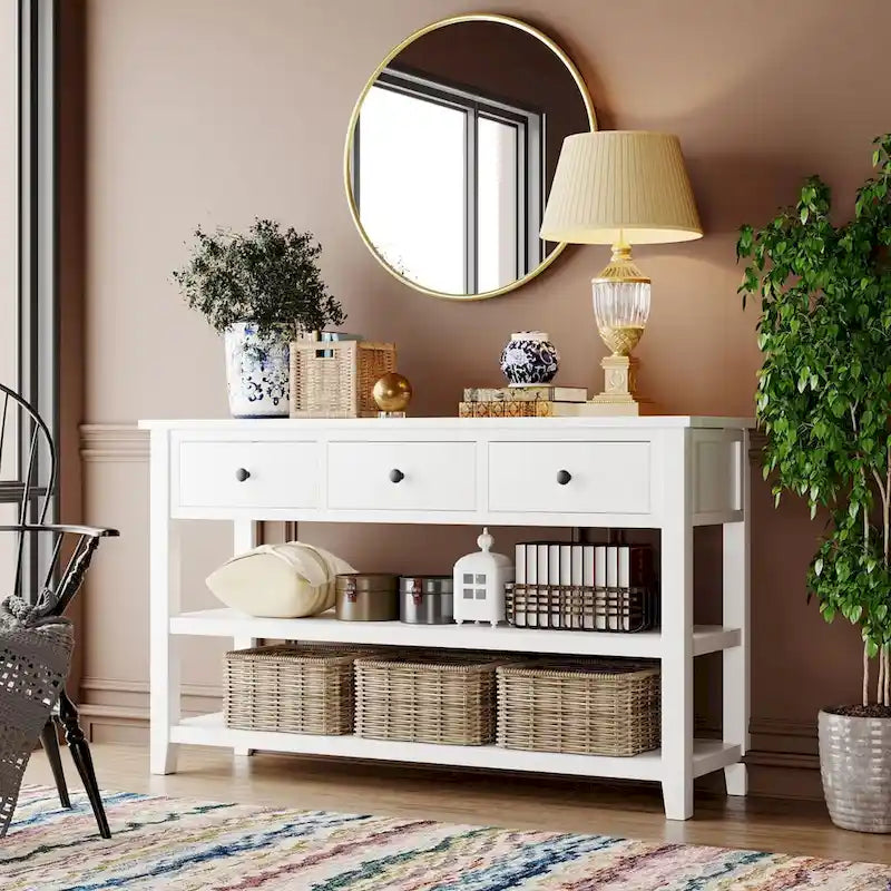 Console scandinave avec 3 tiroirs et 2 étagères ouvertes, Structure en pin massif