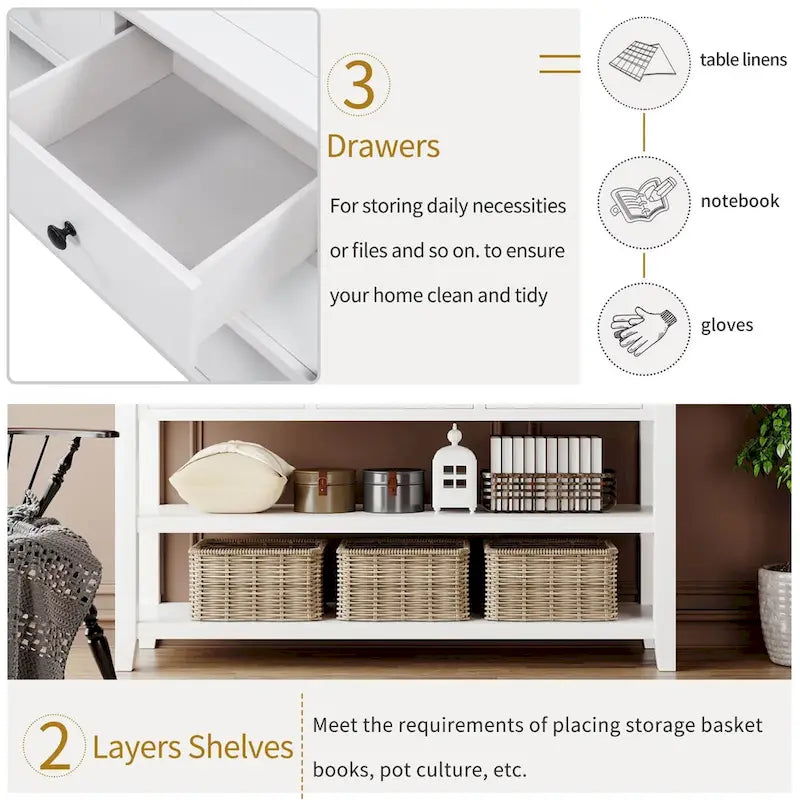 Console scandinave avec 3 tiroirs et 2 étagères ouvertes, Structure en pin massif