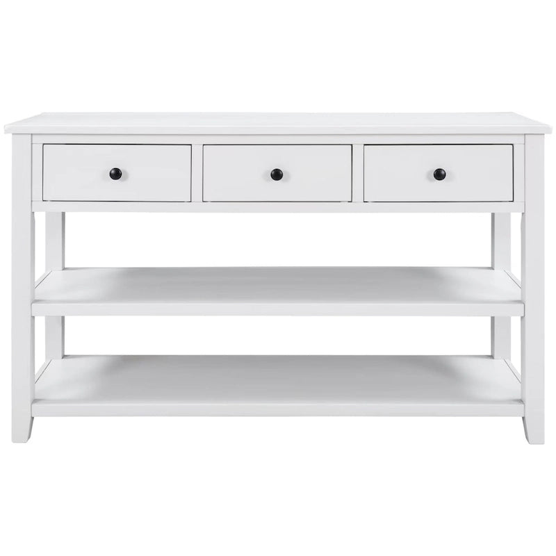 Console scandinave avec 3 tiroirs et 2 étagères ouvertes, Structure en pin massif
