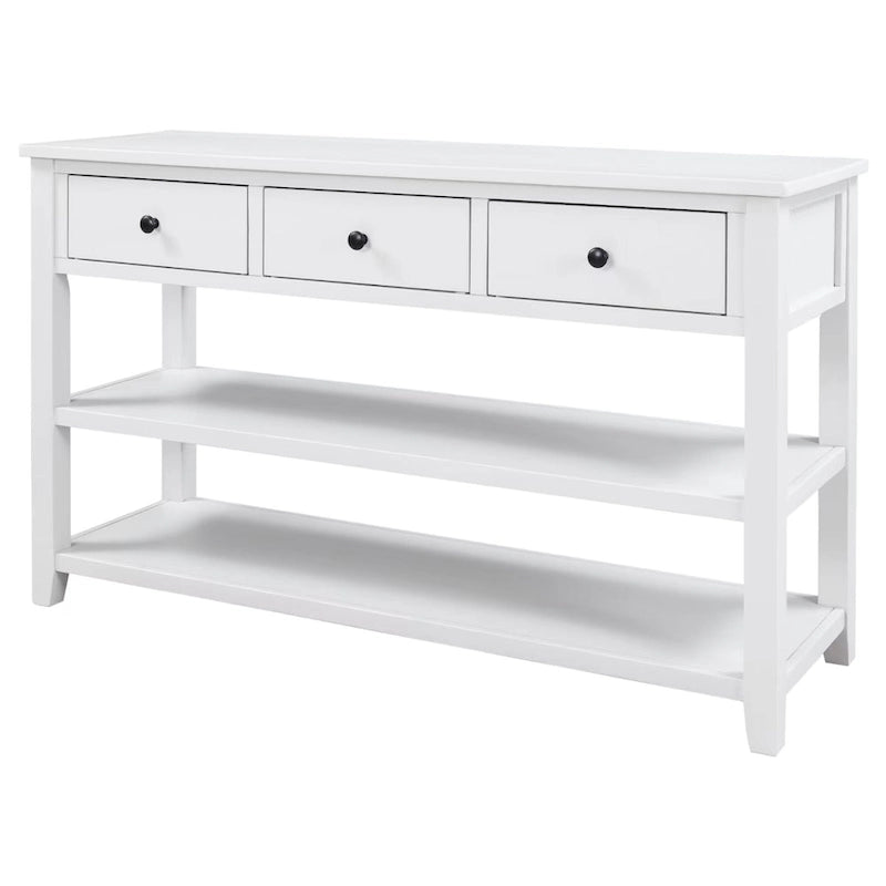 Console scandinave avec 3 tiroirs et 2 étagères ouvertes, Structure en pin massif