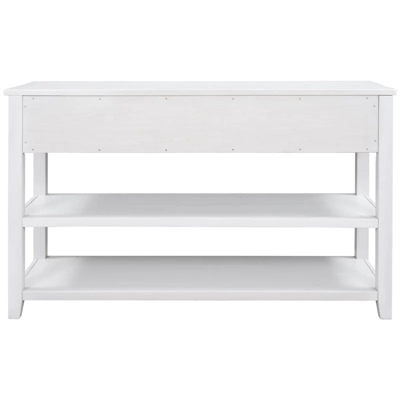 Console scandinave avec 3 tiroirs et 2 étagères ouvertes, Structure en pin massif