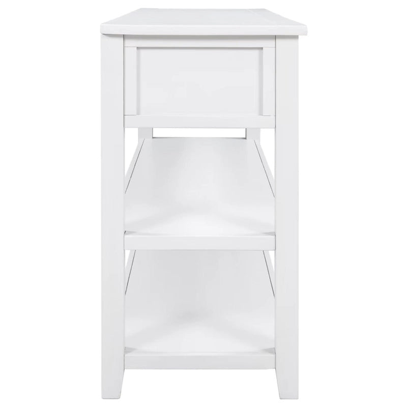 Console scandinave avec 3 tiroirs et 2 étagères ouvertes, Structure en pin massif