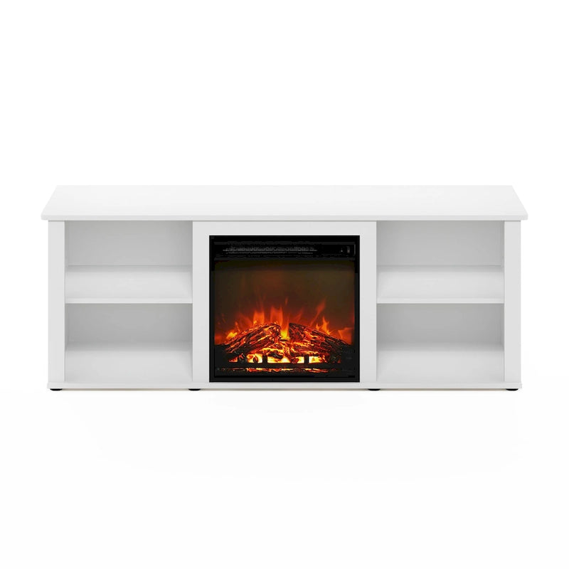 Meuble TV 60" avec cheminée électrique intégrée et étagères de rangement ouvertes