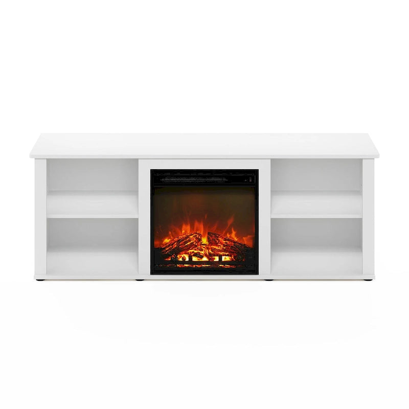 Meuble TV 60" avec cheminée électrique intégrée et étagères de rangement ouvertes