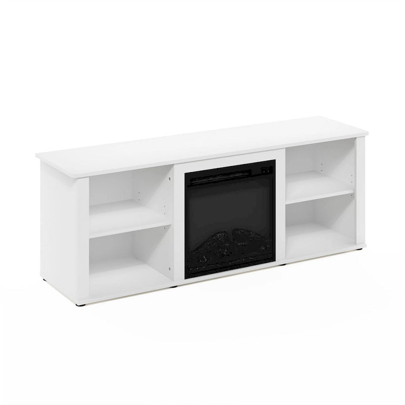 Meuble TV 60" avec cheminée électrique intégrée et étagères de rangement ouvertes
