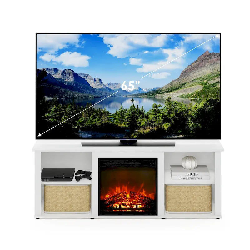 Meuble TV 60" avec cheminée électrique intégrée et étagères de rangement ouvertes
