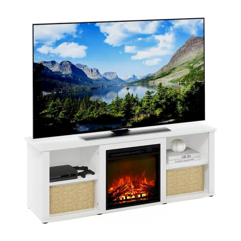 Meuble TV 60" avec cheminée électrique intégrée et étagères de rangement ouvertes