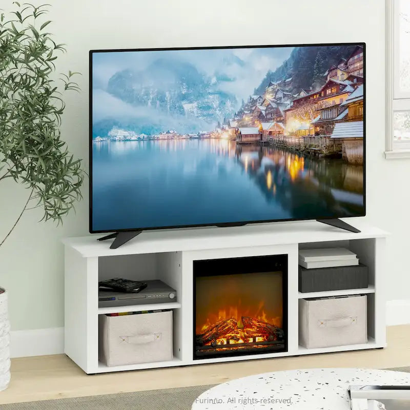 Meuble TV 60" avec cheminée électrique intégrée et étagères de rangement ouvertes