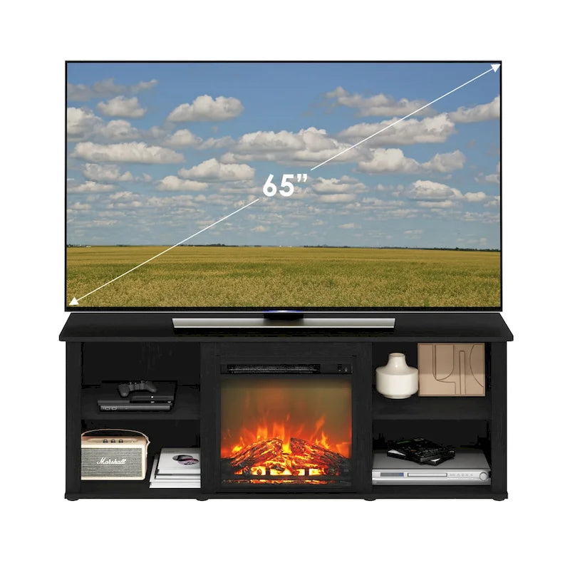 Meuble TV 60" avec cheminée électrique intégrée et étagères de rangement ouvertes