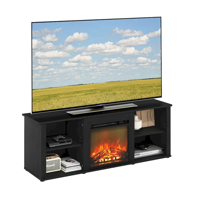 Meuble TV 60" avec cheminée électrique intégrée et étagères de rangement ouvertes