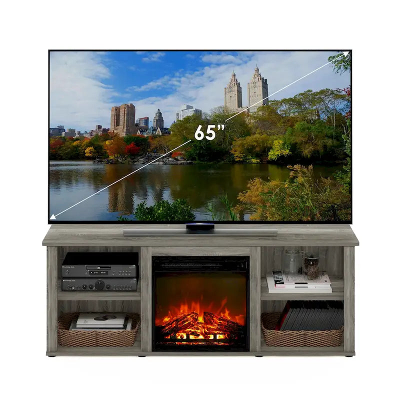Meuble TV 60" avec cheminée électrique intégrée et étagères de rangement ouvertes