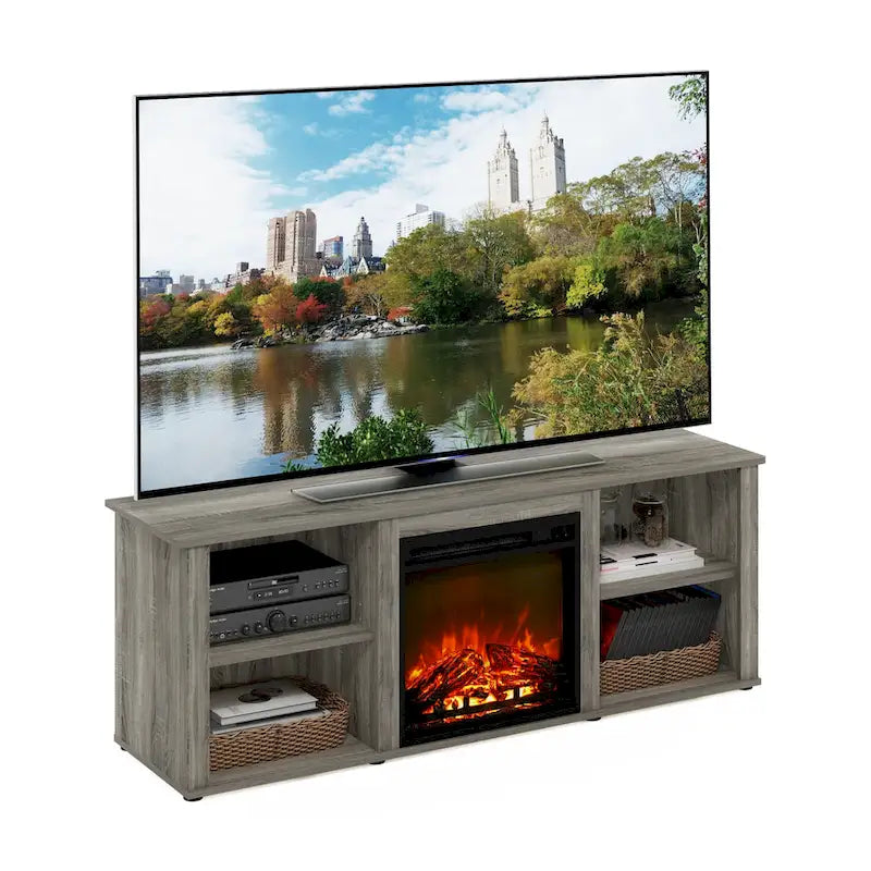Meuble TV 60" avec cheminée électrique intégrée et étagères de rangement ouvertes