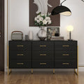Commode large à 9 tiroirs avec poignées dorées et pieds en métal, 155 cm, rangement moderne pour chambre à coucher