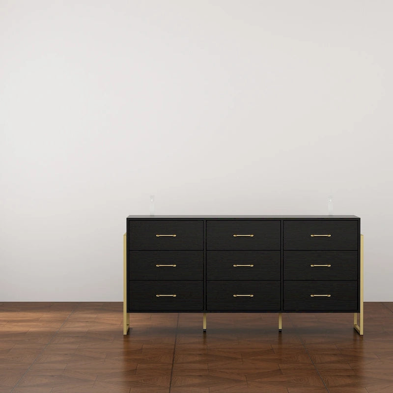 Commode large à 9 tiroirs avec poignées dorées et pieds en métal, 155 cm, rangement moderne pour chambre à coucher
